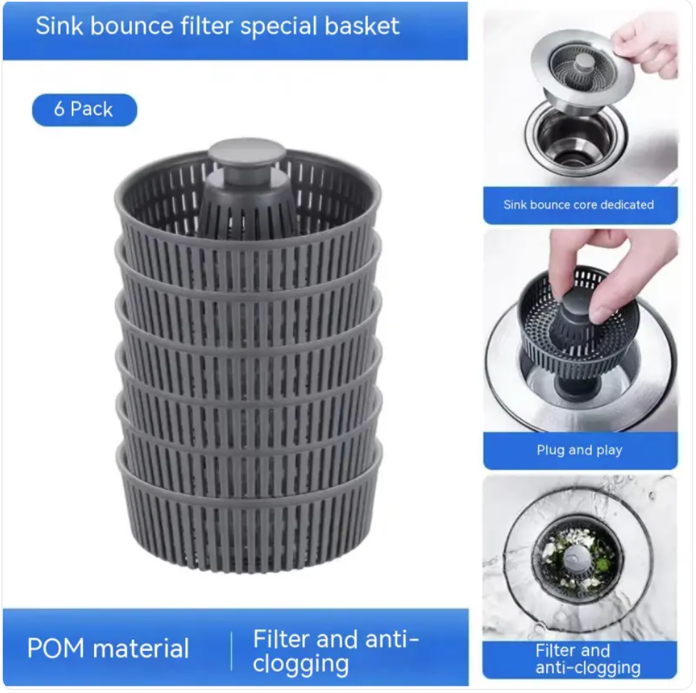 Steel sink debris catcher in use, filtering food scraps and preventing clogs in the drain.