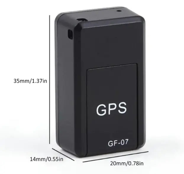 GF-07 mini GPS tracker dimensions showing 35mm height, 14mm width, and 20mm depth for easy portability.