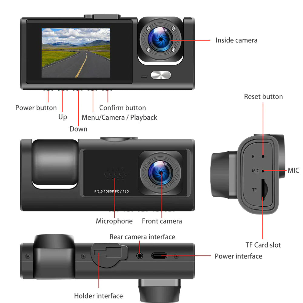 HD Triple View Dash Cam with G-Sensor