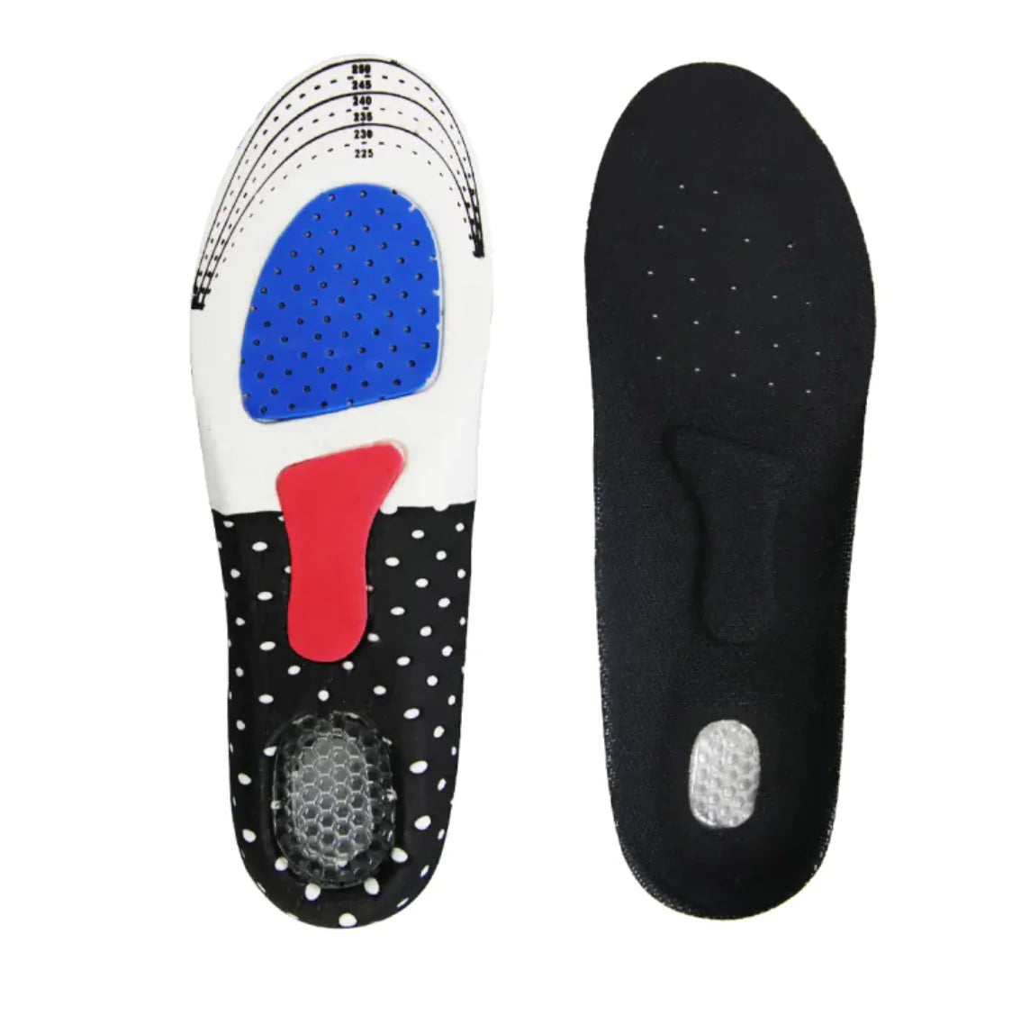 Cushion Comfort EVA Insoles showing shock-absorbing design with blue and red accents for enhanced foot support.