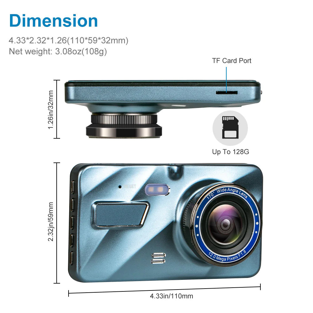 Full HD 1080P Dual Lens Car Dash Cam with 4" Screen and Night Vision