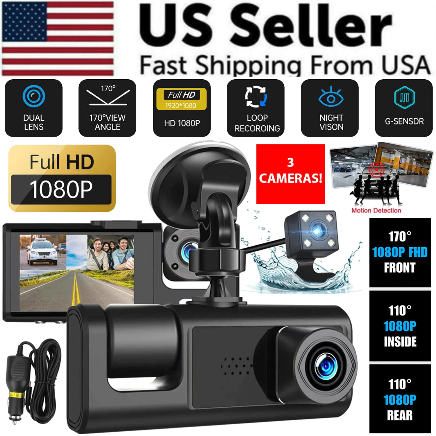 HD Triple View Dash Cam with G-Sensor