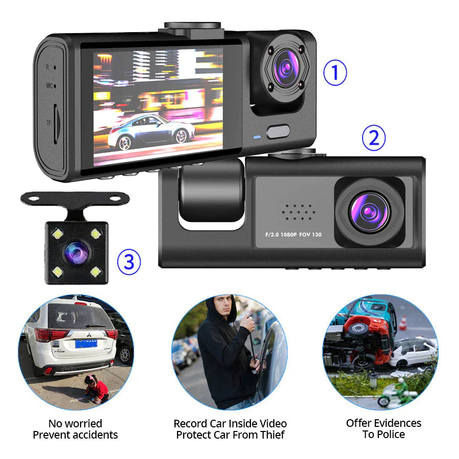 HD Triple View Dash Cam with G-Sensor