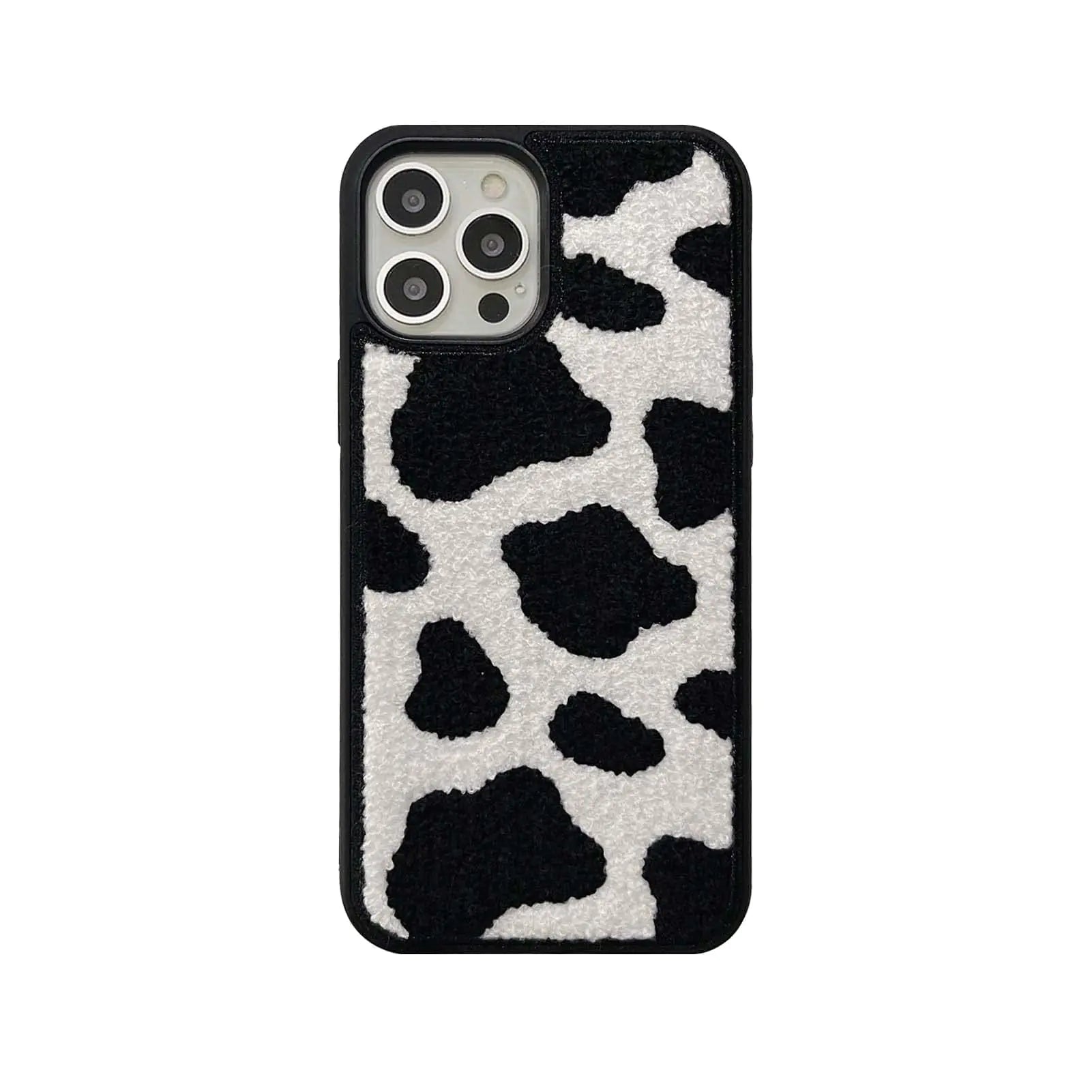 Black & White Dairy Cattle Cow Print Phone Case Compatible with iPhone 15 Pro Max,Cute Embroidery Winter Warm Fur Carpet Case,Soft Fluffy Case for iPhone 15 Pro Max 6.7&