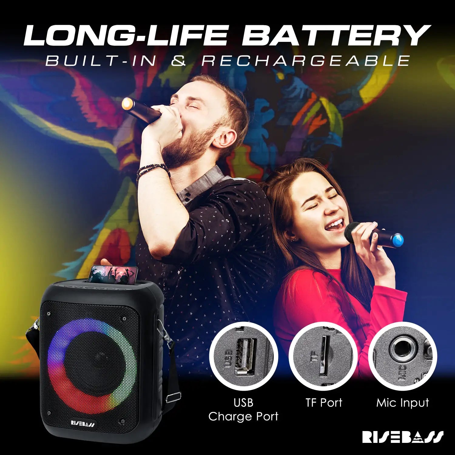 Risebass Mobile Karaoke Pro with Dual Mics &amp; Bluetooth