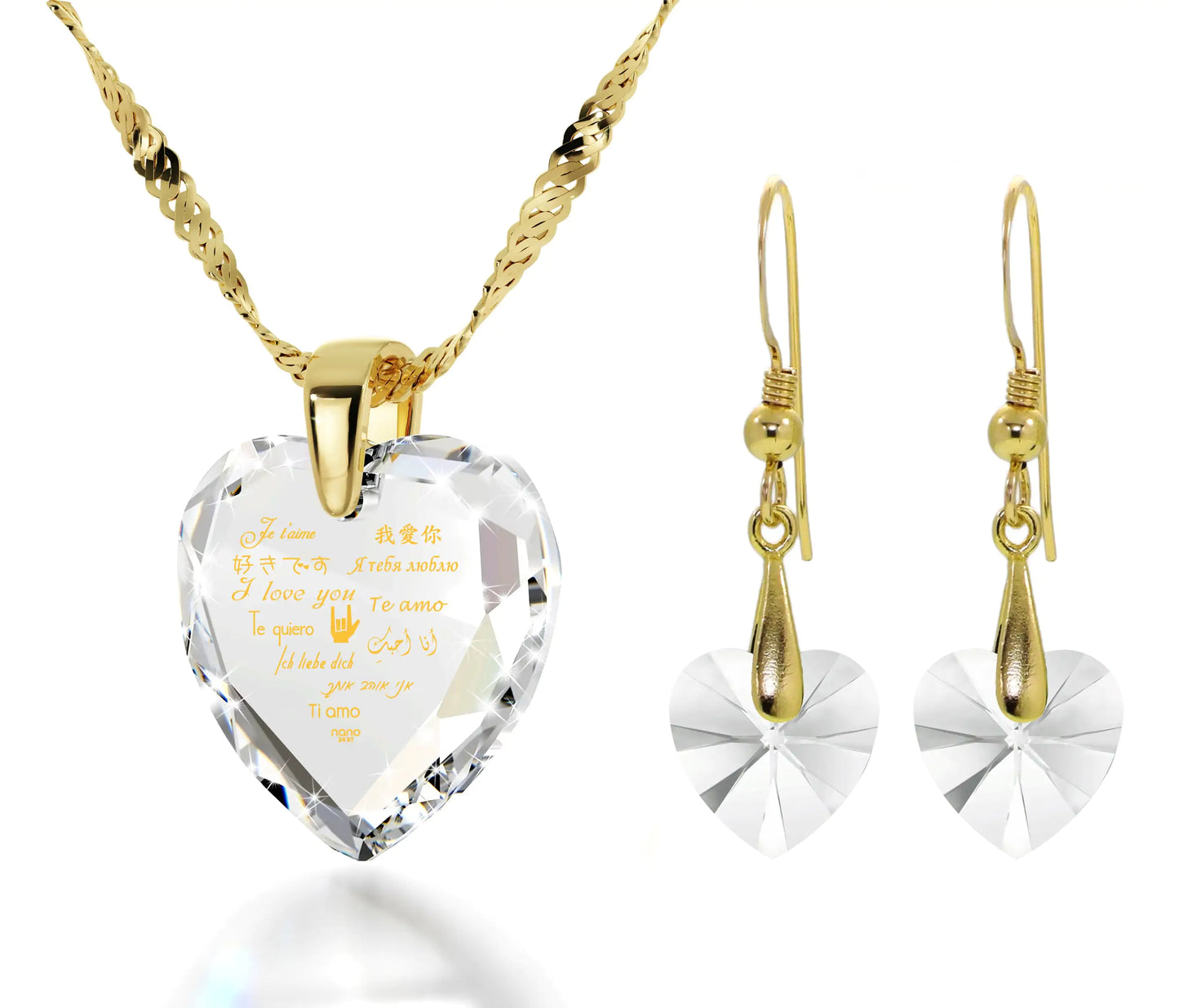 Multilingual Love Heart Necklace and Crystal Earrings Set