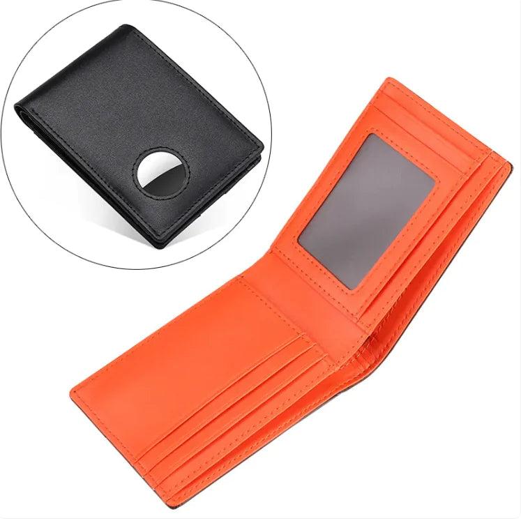 Men’s RFID Secure Leather Wallet in black and orange with multiple card slots and a coin pocket.