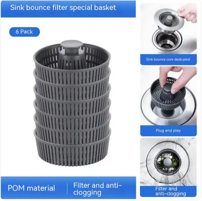 Steel sink debris catcher in use, filtering food scraps and preventing clogs in the drain.