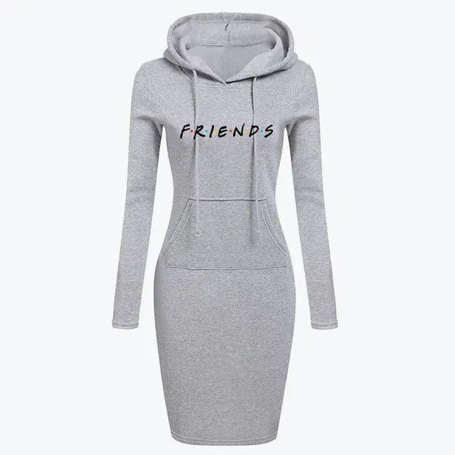 Long-Sleeved Hoodies Sweatshirts for Women (Autumn/Winter) stylish gray hoodie dress with 'FRIENDS' print