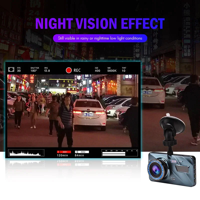 Full HD 1080P Dual Lens Car Dash Cam with 4" Screen and Night Vision