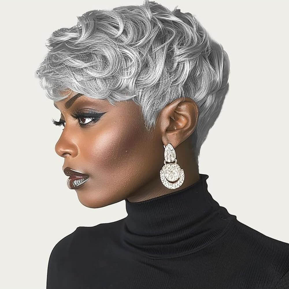 Pixie Glam Grey Wig with Bangs for Black Women
