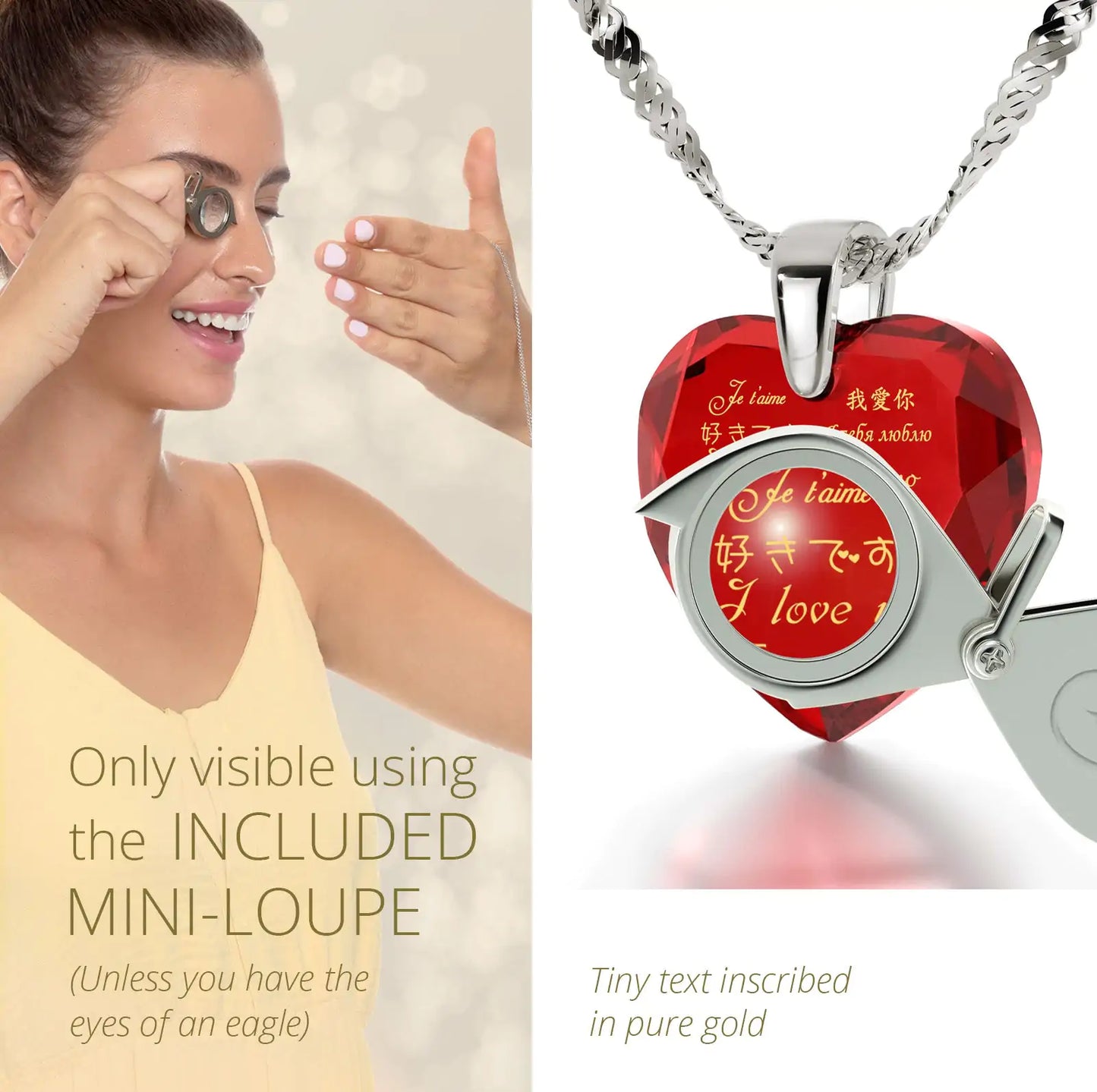 Multilingual Love Necklace and Crystal Heart Earrings Set