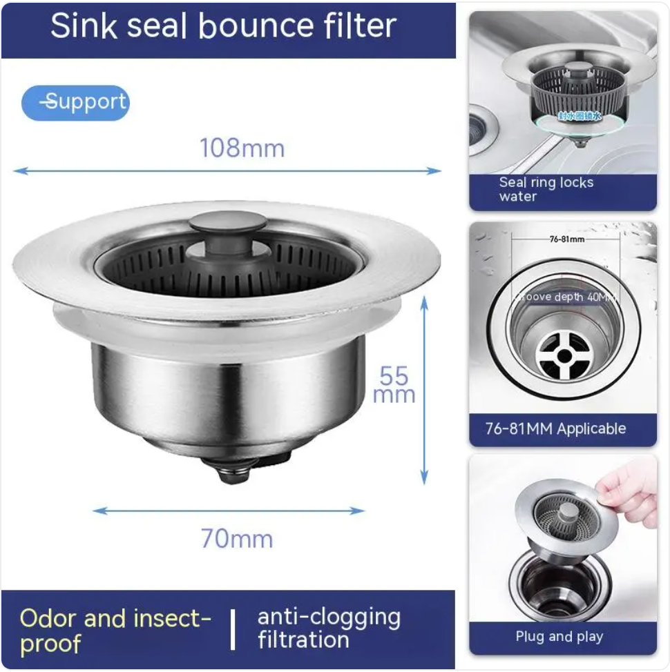 Steel sink debris catcher in use, filtering food scraps and preventing clogs in the drain.