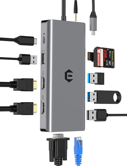 12 in 1 USB C Docking Station Tymyp USB C Hub 2 * 4K HDMI Outputs VGA Port 3 x USB A Ports SD/TF Card Slots 100W PD Ethernet 3.5mm Audio/Mic Compatible with Mac Pro/Air/Windows and More