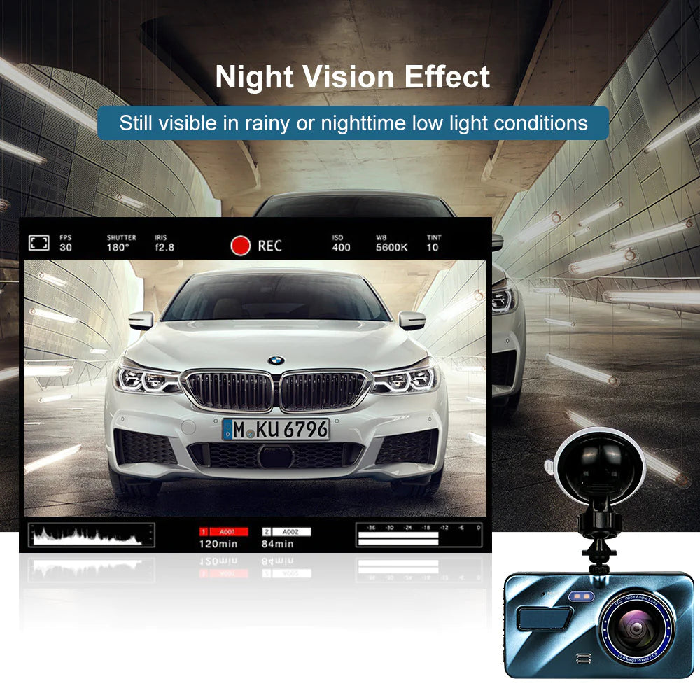 Full HD 1080P Dual Lens Car Dash Cam with 4" Screen and Night Vision