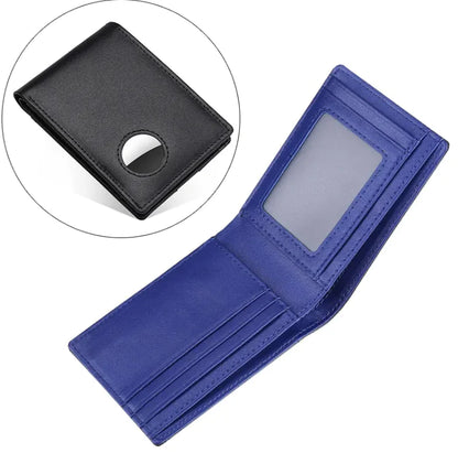 Men’s RFID Secure Leather Wallet in black and blue colors, showing card slots and coin pocket.