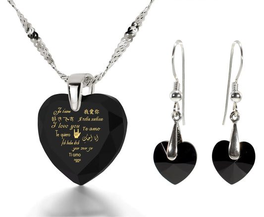 Multilingual Love Necklace and Crystal Heart Earrings Set