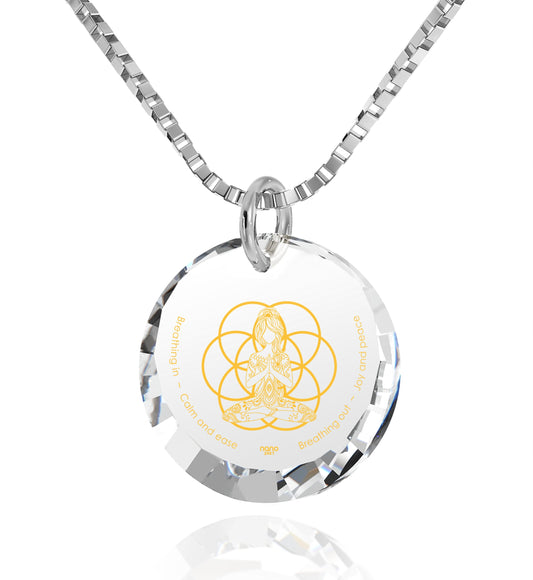 Yogi Serenity Charm necklace with mantra 'Breathing in - calm and ease' inscribed on a cubic zirconia gemstone.