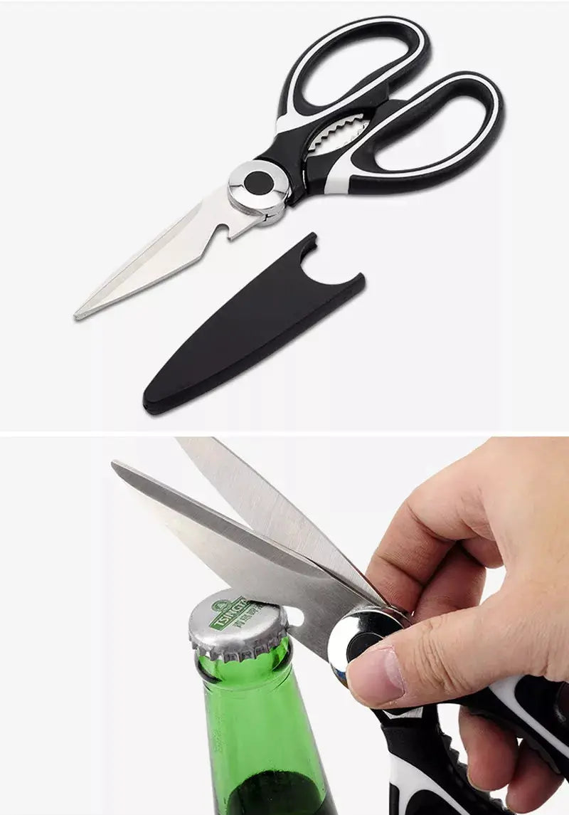 Stainless kitchen shears with protective cover, shown cutting a bottle cap from a green glass bottle.
