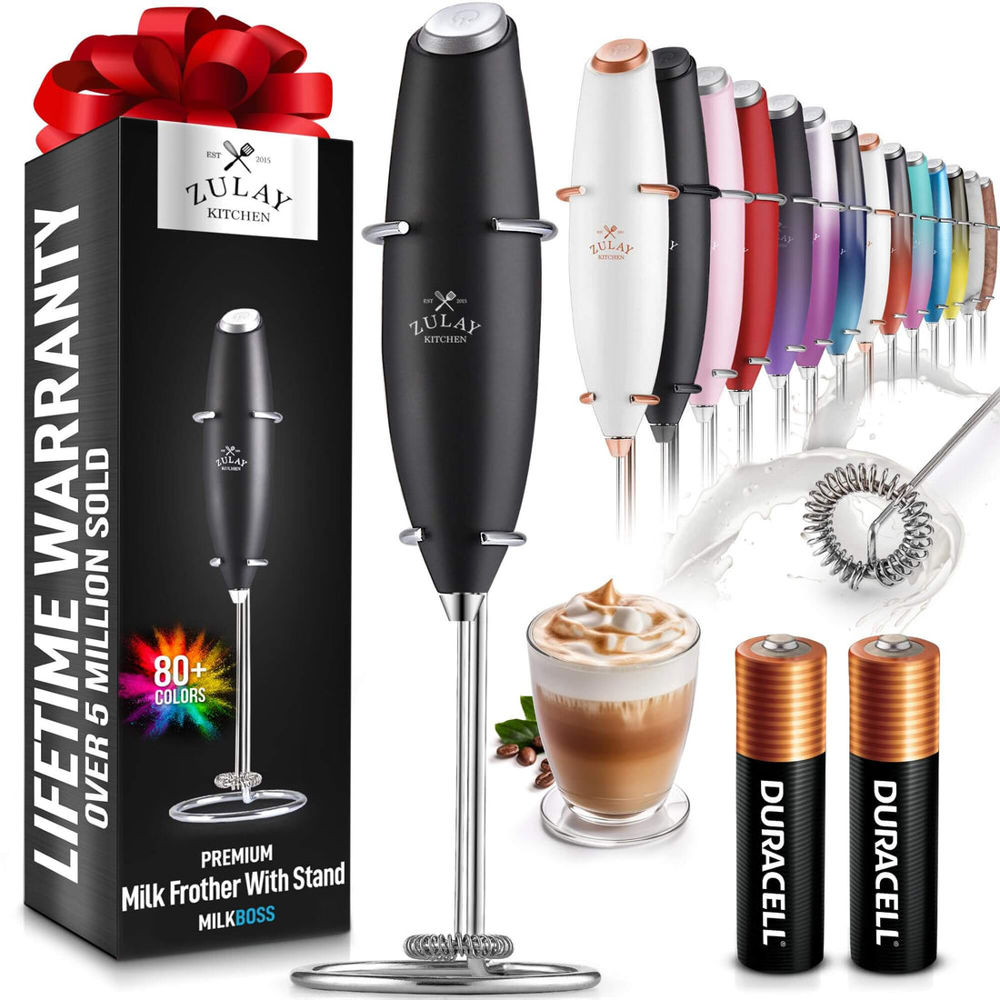 Zulay High-Speed Milk Frother - Handheld Electric Mixer - Includes 2 Batteries - for Lattes, Cappuccino, Matcha &amp; More - Black