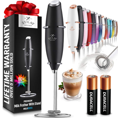 Zulay High-Speed Milk Frother - Handheld Electric Mixer - Includes 2 Batteries - for Lattes, Cappuccino, Matcha &amp; More - Black