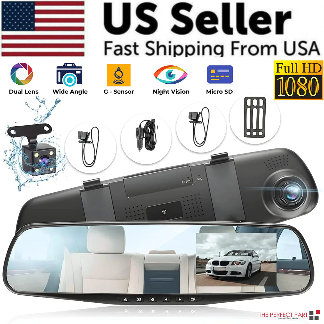 HD 1080P Car DVR Dual Dash Cam Mirror
