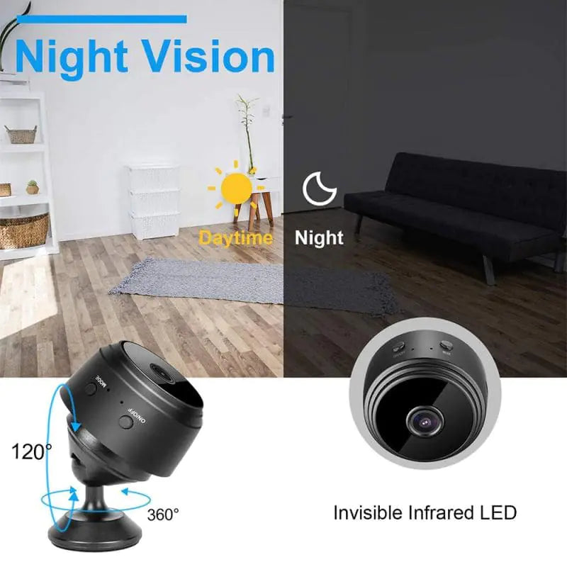 SmartView Mini WiFi Camera showcasing day and night vision features with 360° and 120° viewing angles.