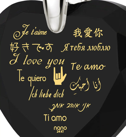 Multilingual Love Necklace and Crystal Heart Earrings Set