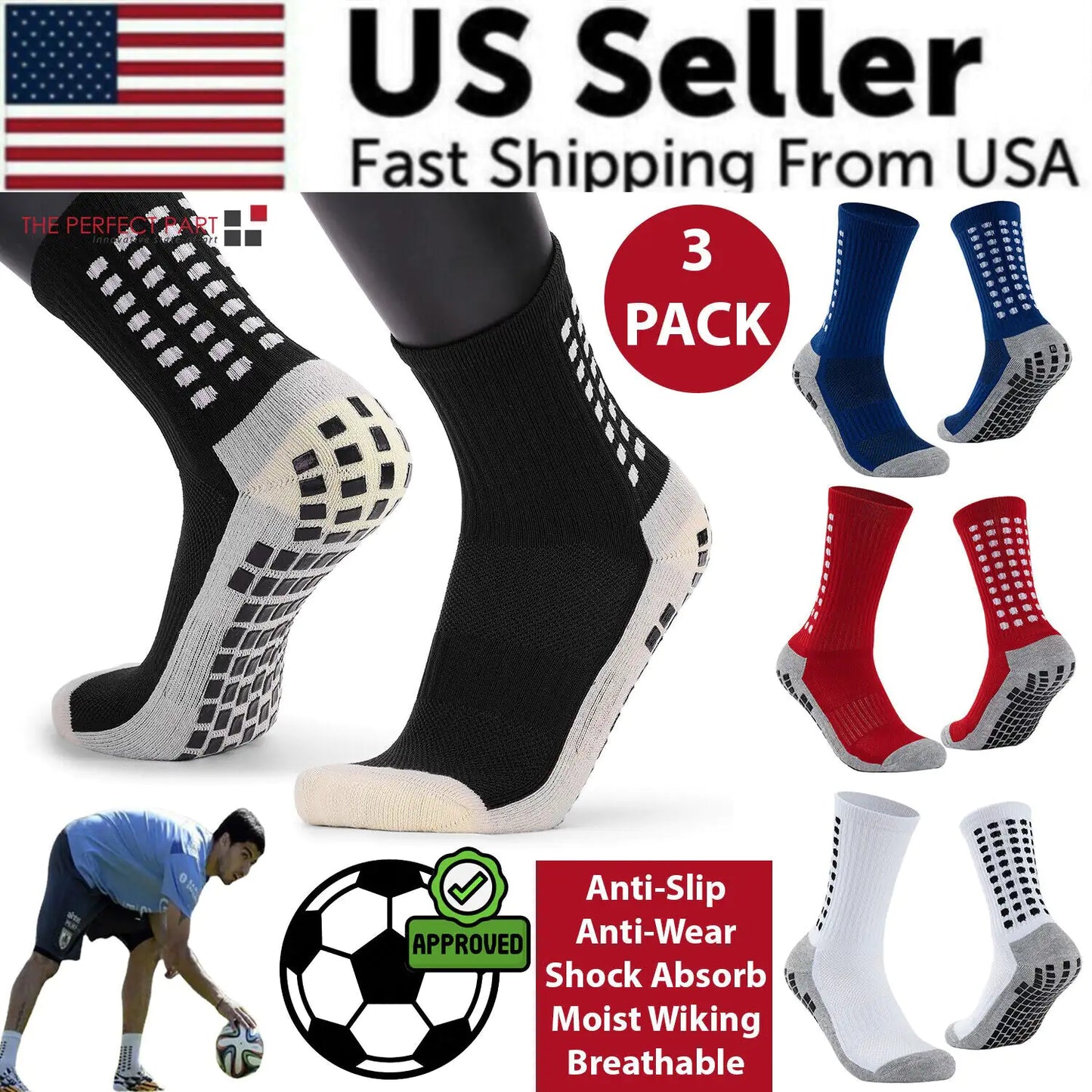 3-Pack Premium Sports Grip Socks for Soccer, Basketball & Football