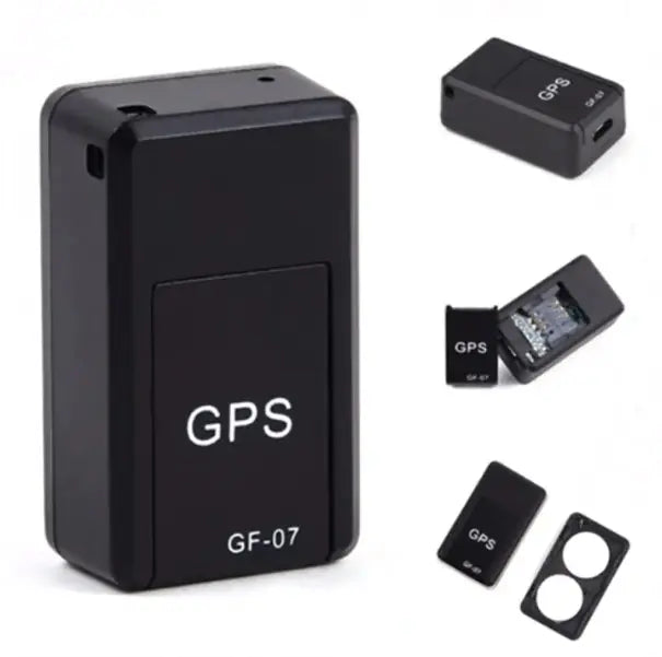Mini GPS tracker GF-07, compact black device for real-time vehicle location tracking.
