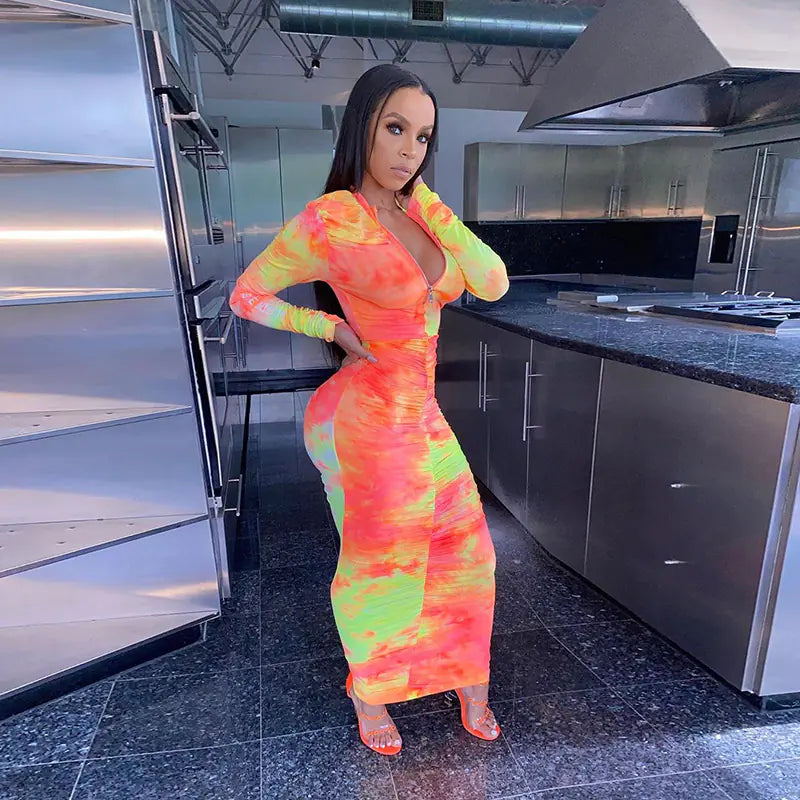 Autumn Digital Print Long Sleeve Bodycon Dress for Women