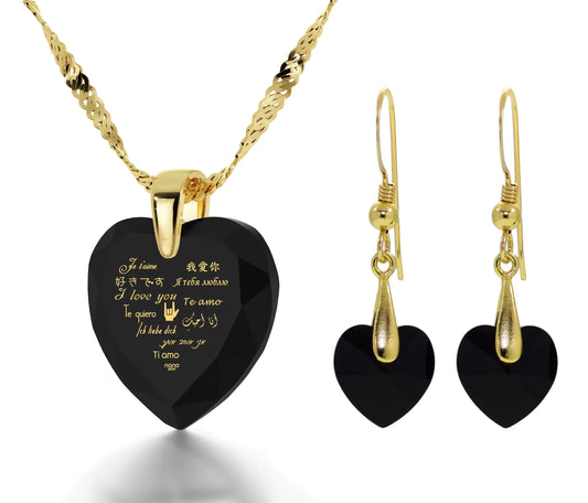 Multilingual Love Heart Necklace and Crystal Earrings Set