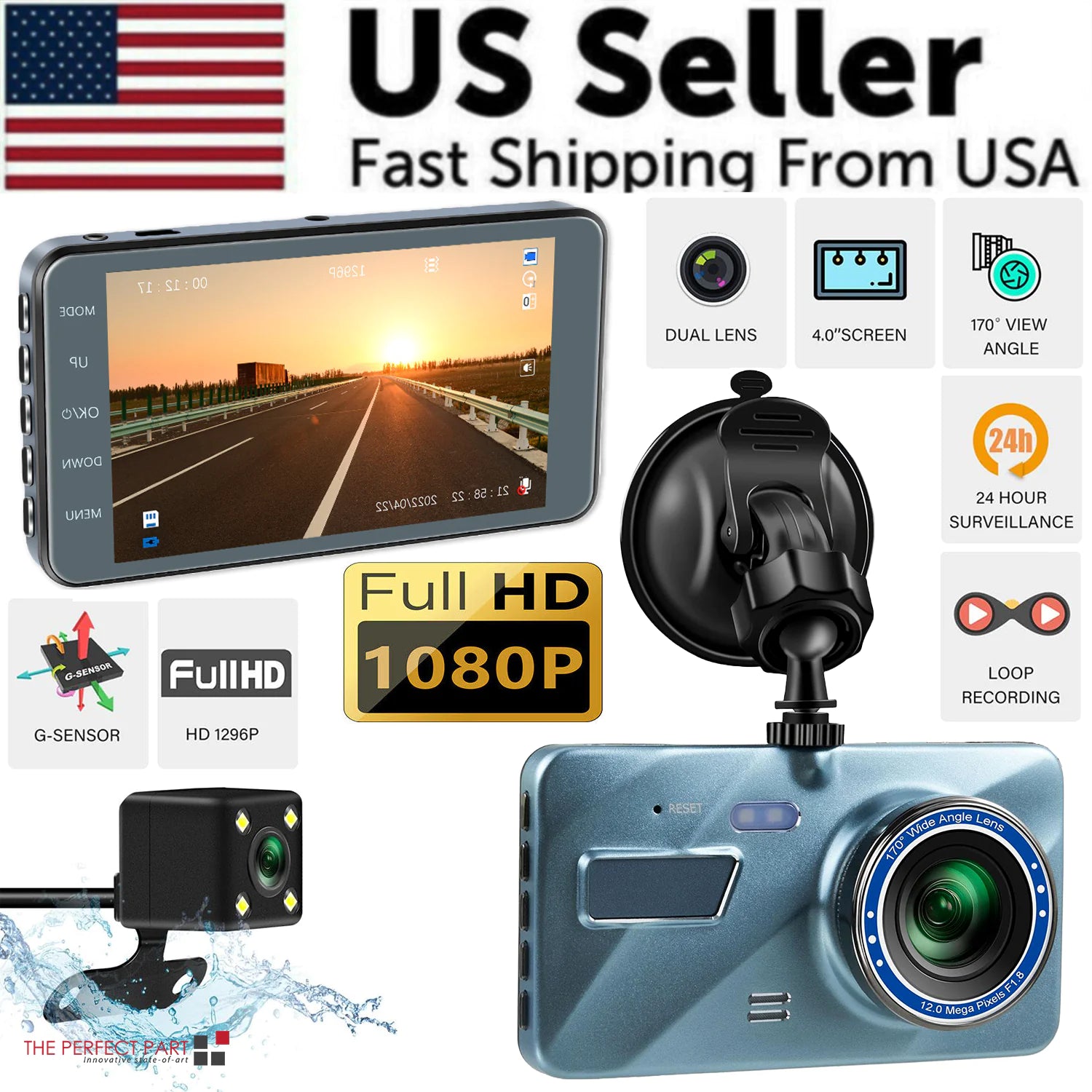 Full HD 1080P Dual Lens Car Dash Cam with 4" Screen and Night Vision