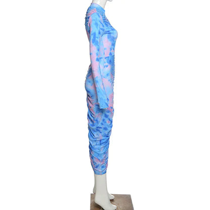 Autumn Digital Print Long Sleeve Bodycon Dress for Women