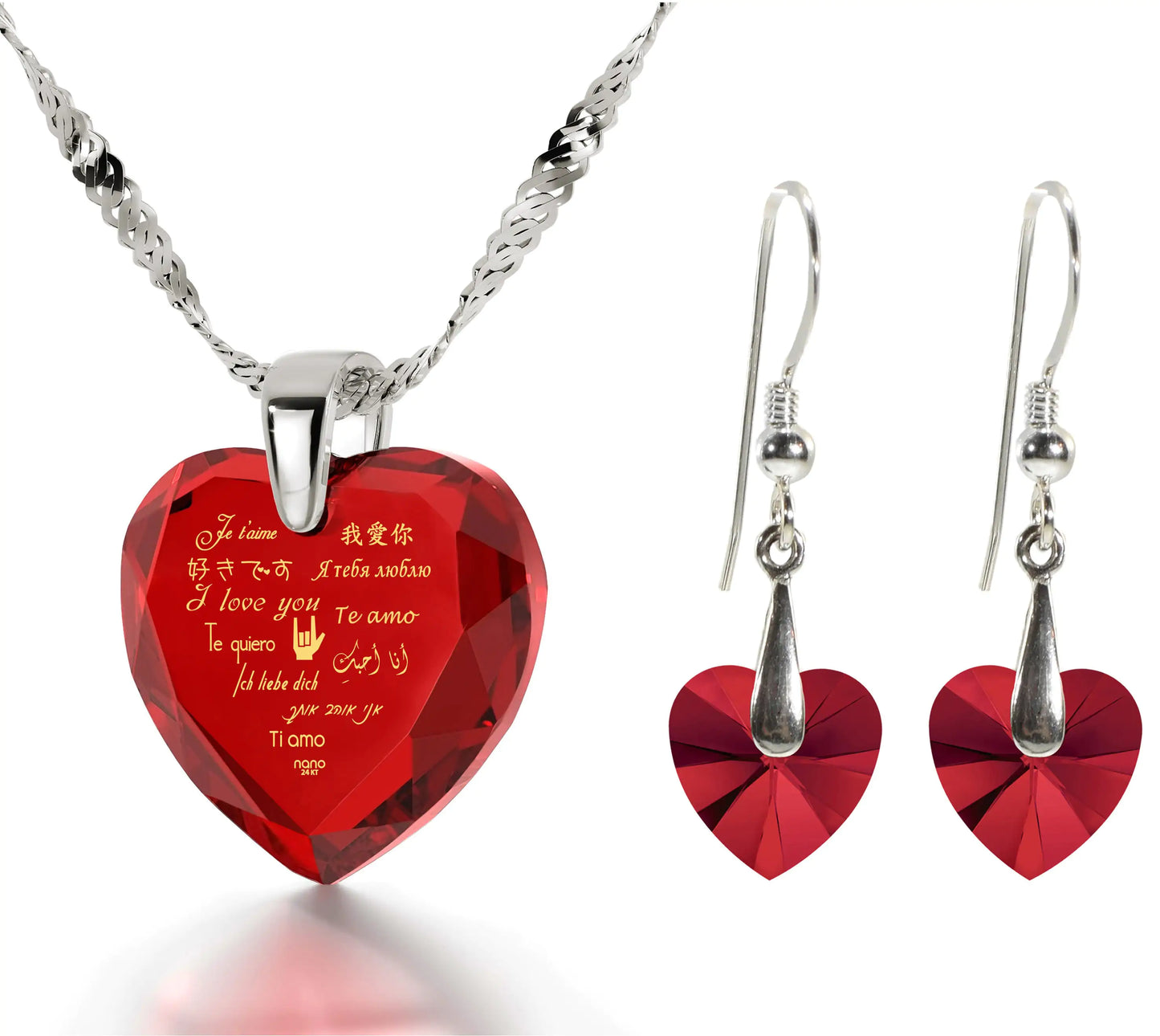 Multilingual Love Necklace and Crystal Heart Earrings Set