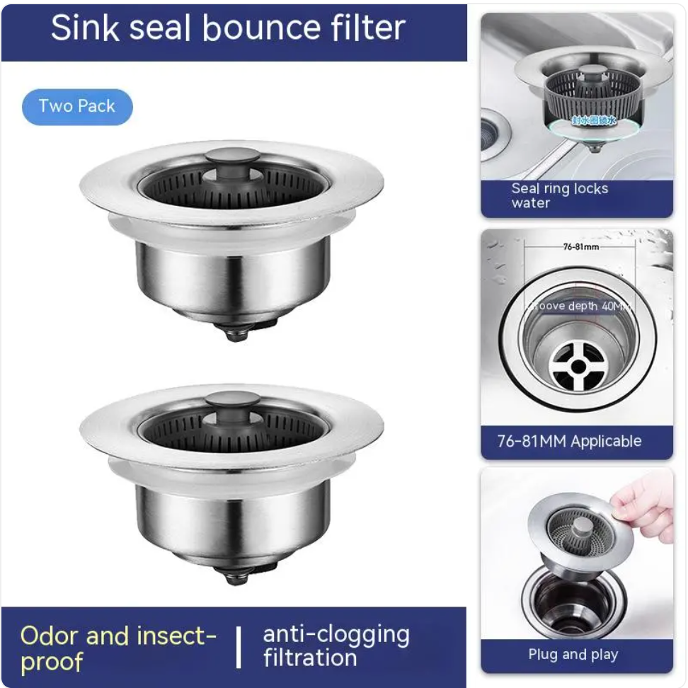 Steel sink debris catcher in use, filtering food scraps and preventing clogs in the drain.