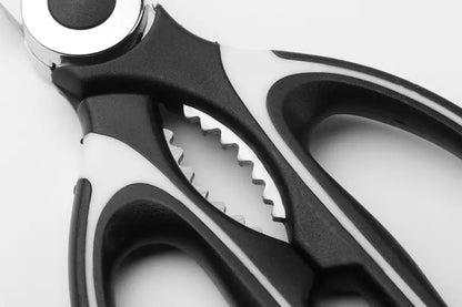 Close-up of stainless kitchen shears showcasing ergonomic grip and sharp blades.
