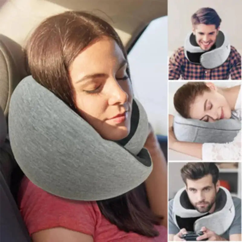 Collage of people using a travel neck pillow in various settings