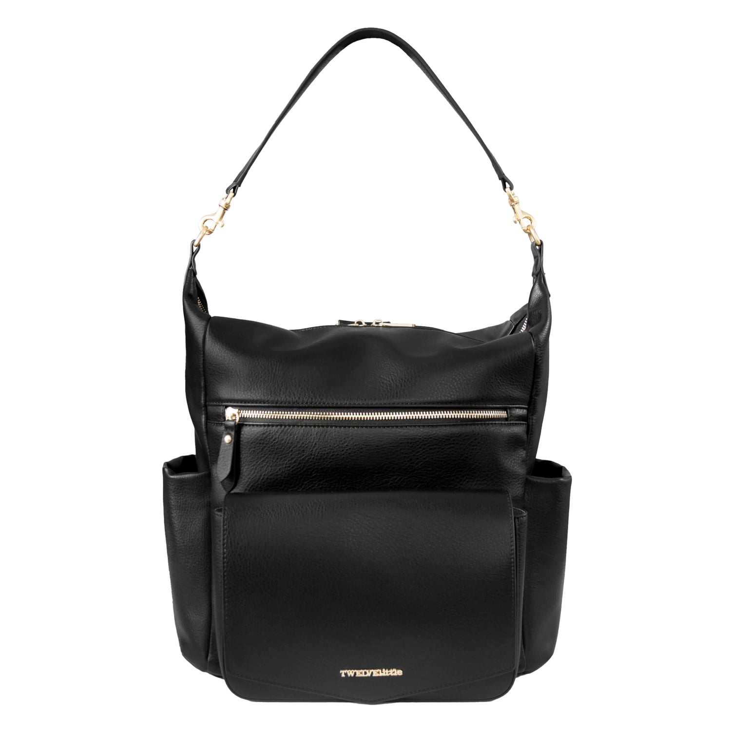 TWELVElittle Peek A Boo Convertible Hobo Diaperbag Backpack with Changing Pad Wipes Case and Stroller Clips Vegan Leather- Black