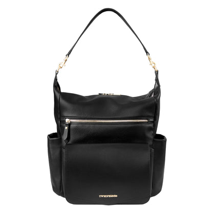 TWELVElittle Peek A Boo Convertible Hobo Diaperbag Backpack with Changing Pad Wipes Case and Stroller Clips Vegan Leather- Black