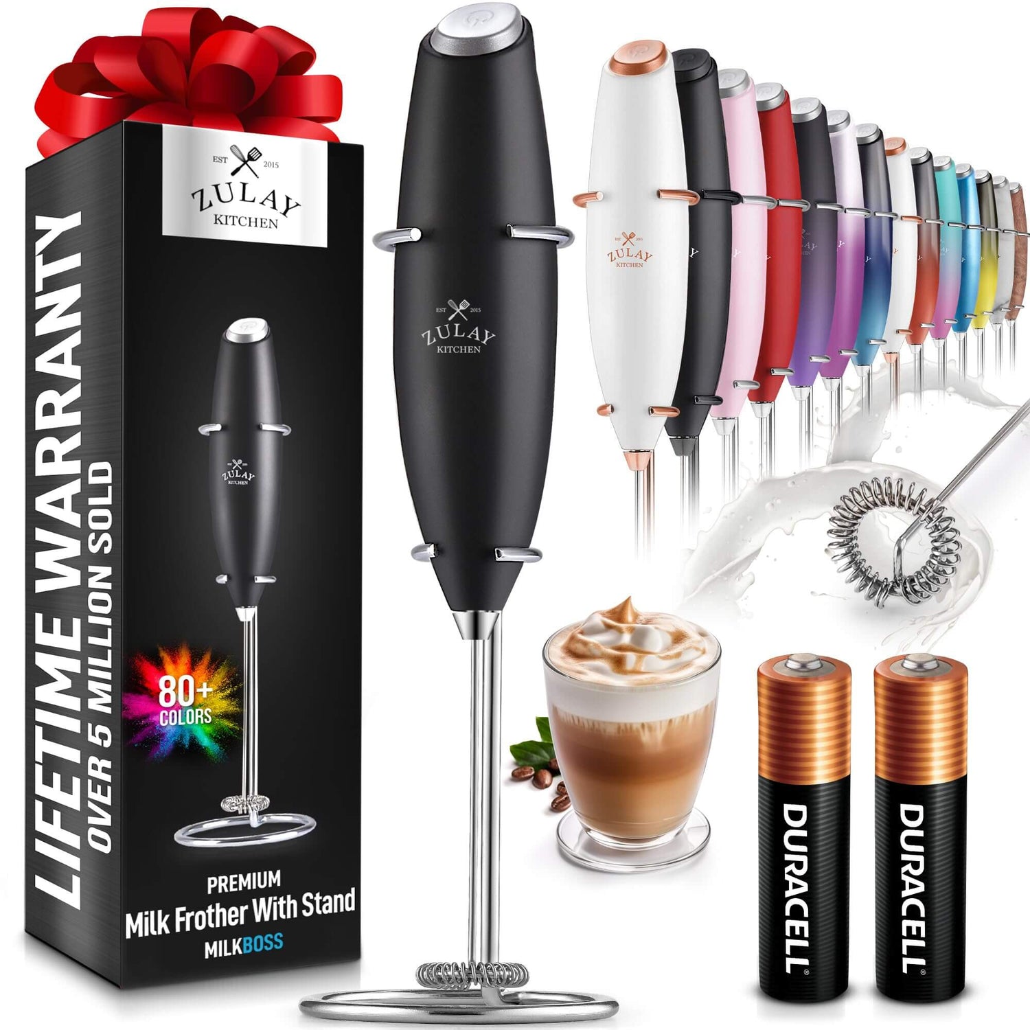 Zulay High-Speed Milk Frother - Handheld Electric Mixer - Includes 2 Batteries - for Lattes, Cappuccino, Matcha &amp; More - Black