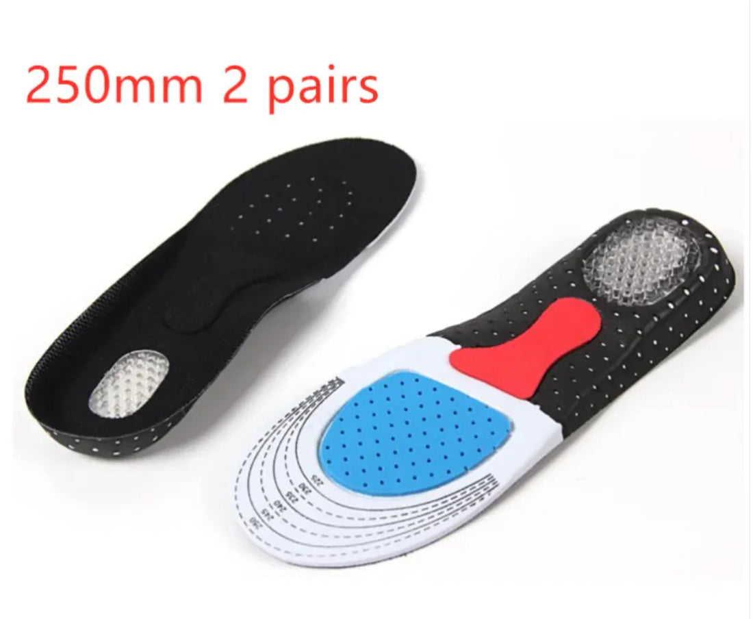 Cushion Comfort EVA Insoles showing two pairs with shock-absorbing features and breathable design in black and white.