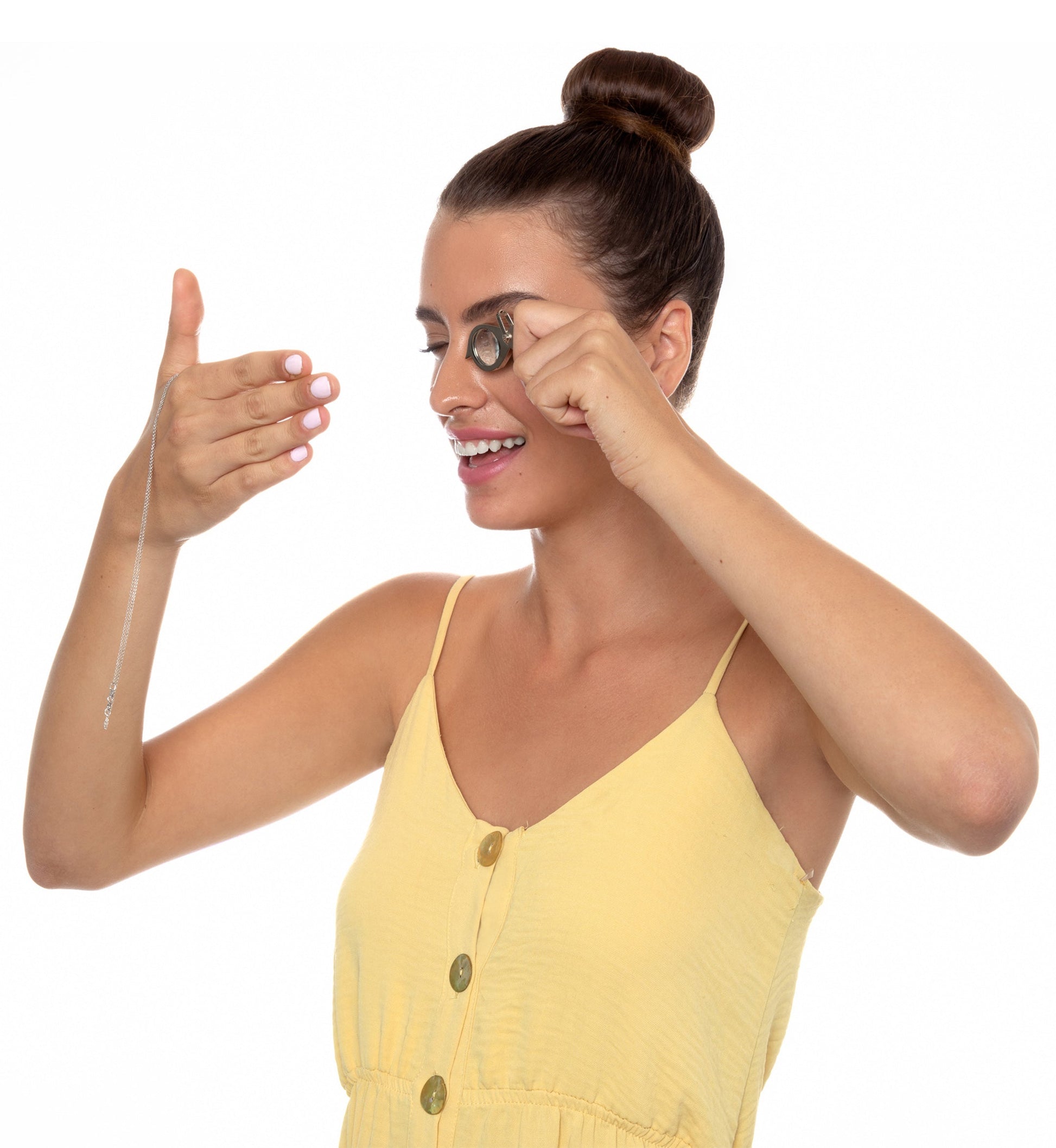 Woman wearing Yogi Serenity Charm necklace, showcasing inner peace and mindfulness with a joyful expression.