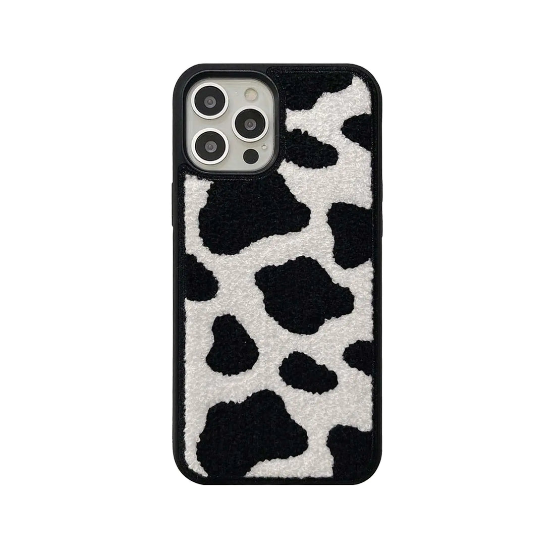 Black &amp; White Dairy Cattle Cow Print Phone Case Compatible with iPhone 15 Pro Max,Cute Embroidery Winter Warm Fur Carpet Case,Soft Fluffy Case for iPhone 15 Pro Max 6.7&