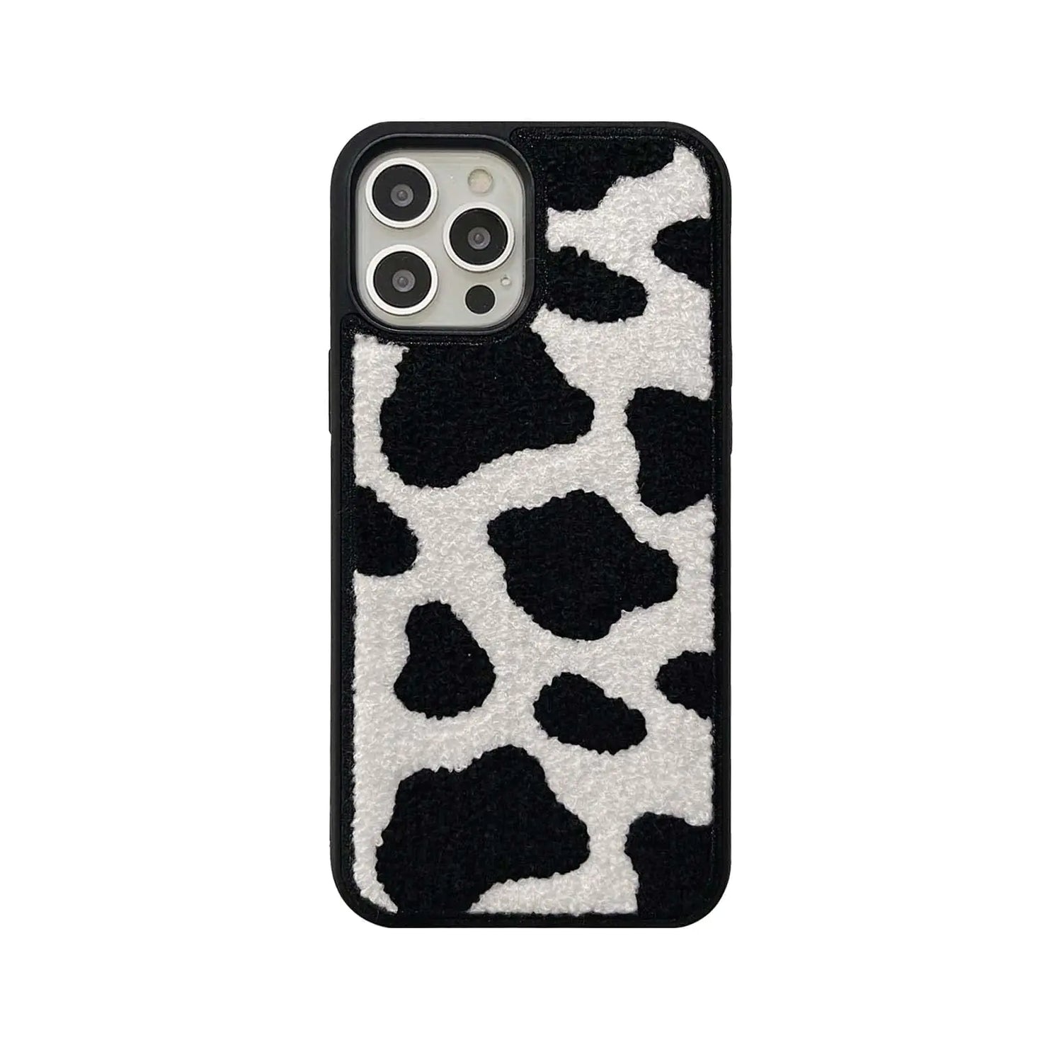 Black &amp; White Dairy Cattle Cow Print Phone Case Compatible with iPhone 15 Pro Max,Cute Embroidery Winter Warm Fur Carpet Case,Soft Fluffy Case for iPhone 15 Pro Max 6.7&