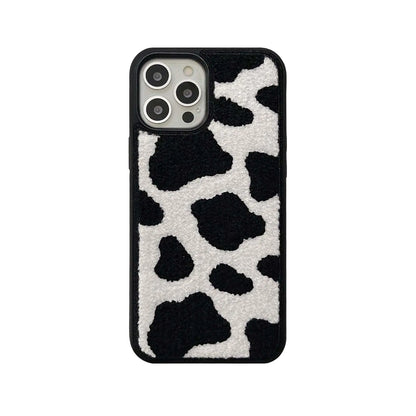 Black &amp; White Dairy Cattle Cow Print Phone Case Compatible with iPhone 15 Pro Max,Cute Embroidery Winter Warm Fur Carpet Case,Soft Fluffy Case for iPhone 15 Pro Max 6.7&