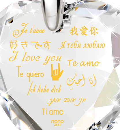 Multilingual Love Necklace and Crystal Heart Earrings Set