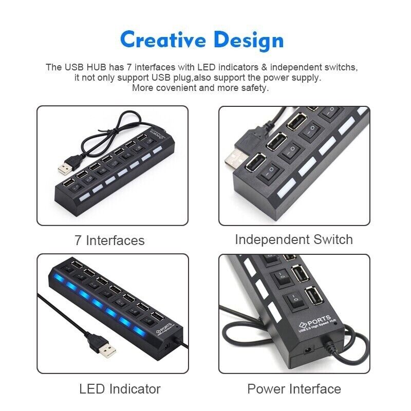 7-Port USB High-Speed Hub Adapter for PC/Mac
