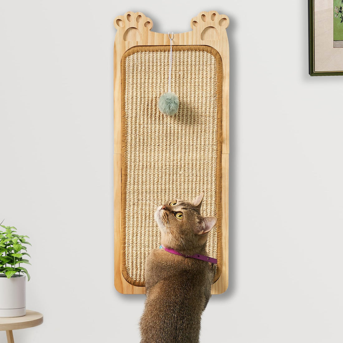 Chic Wood Sisal Cat Wall Scratcher with Toy ChicCharm