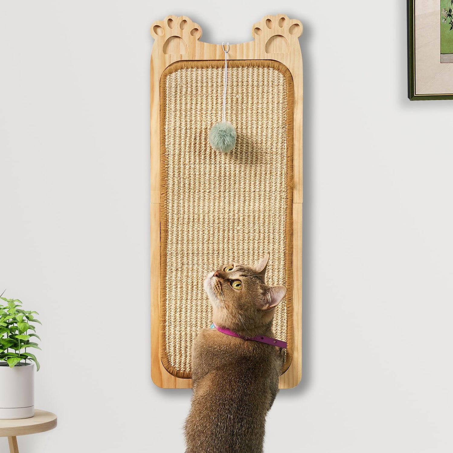 Chic Wood Sisal Cat Wall Scratcher with Toy ChicCharm